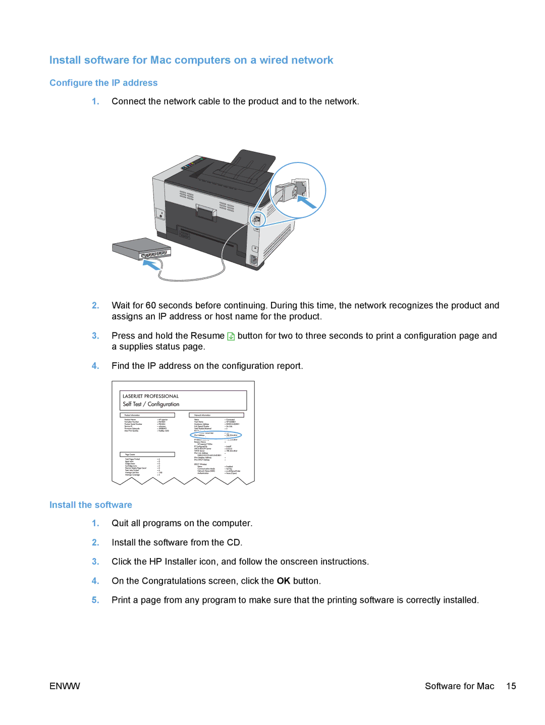 HP CP1020 manual Install software for Mac computers on a wired network, Configure the IP address, Install the software 