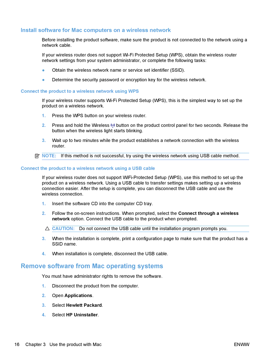 HP CP1020 manual Remove software from Mac operating systems, Install software for Mac computers on a wireless network 