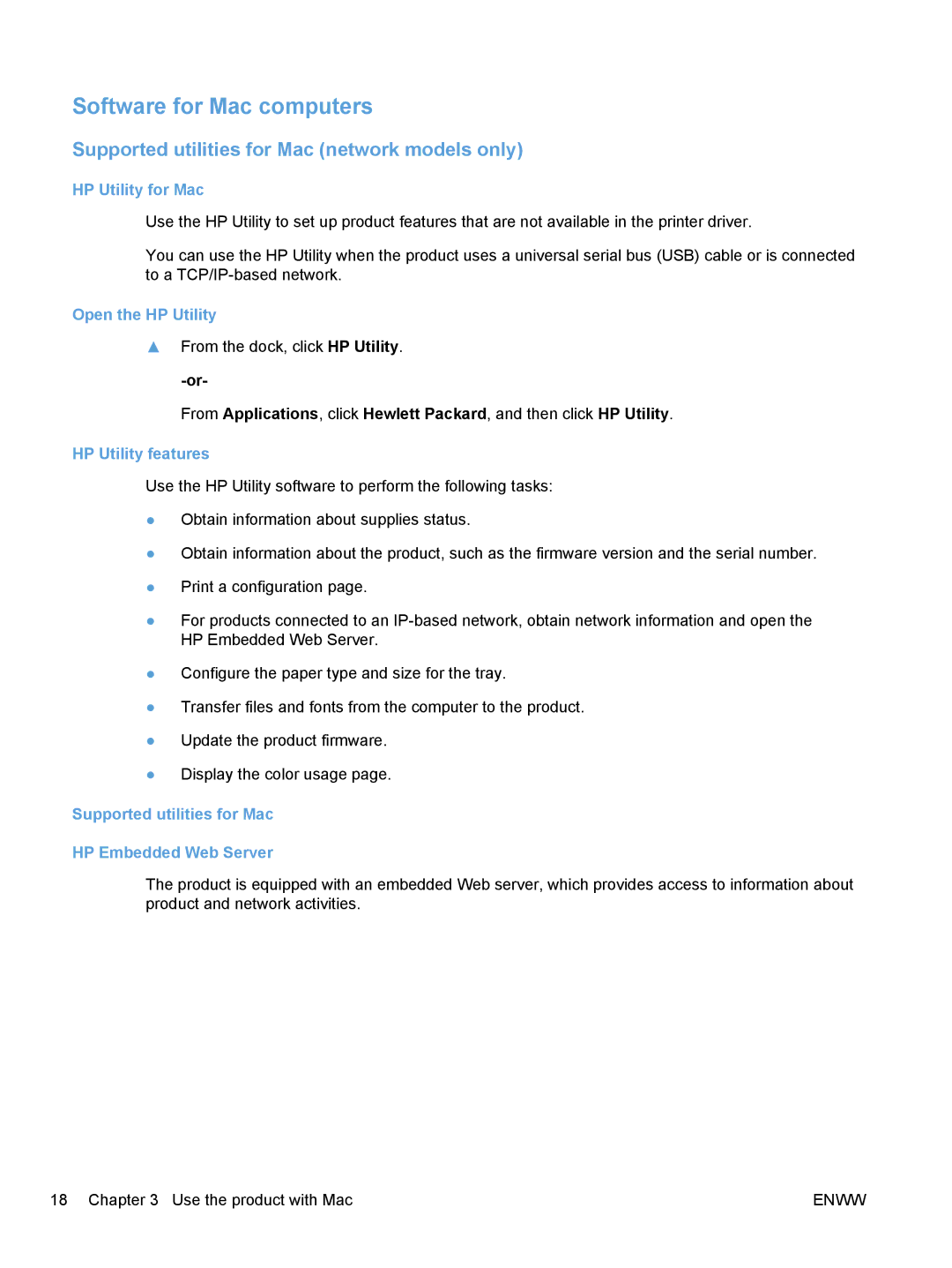 HP CP1020 manual Software for Mac computers, Supported utilities for Mac network models only 