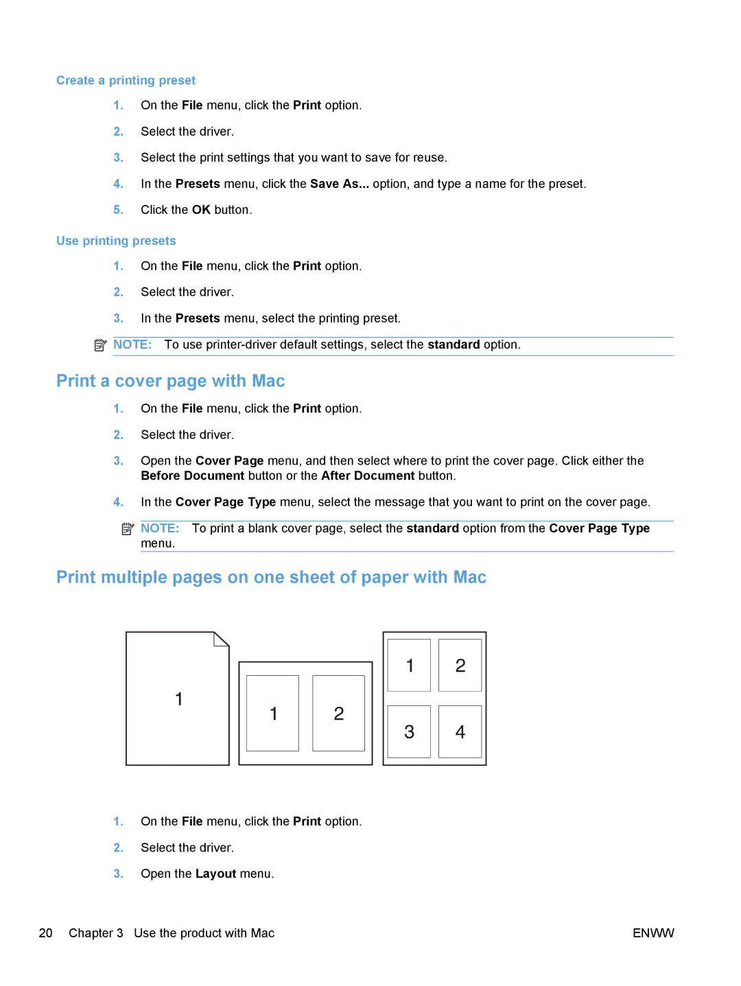 HP CP1020 manual Print a cover page with Mac, Print multiple pages on one sheet of paper with Mac, Create a printing preset 