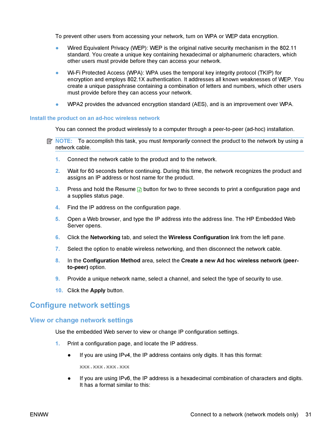 HP CP1020 Configure network settings, View or change network settings, Install the product on an ad-hoc wireless network 