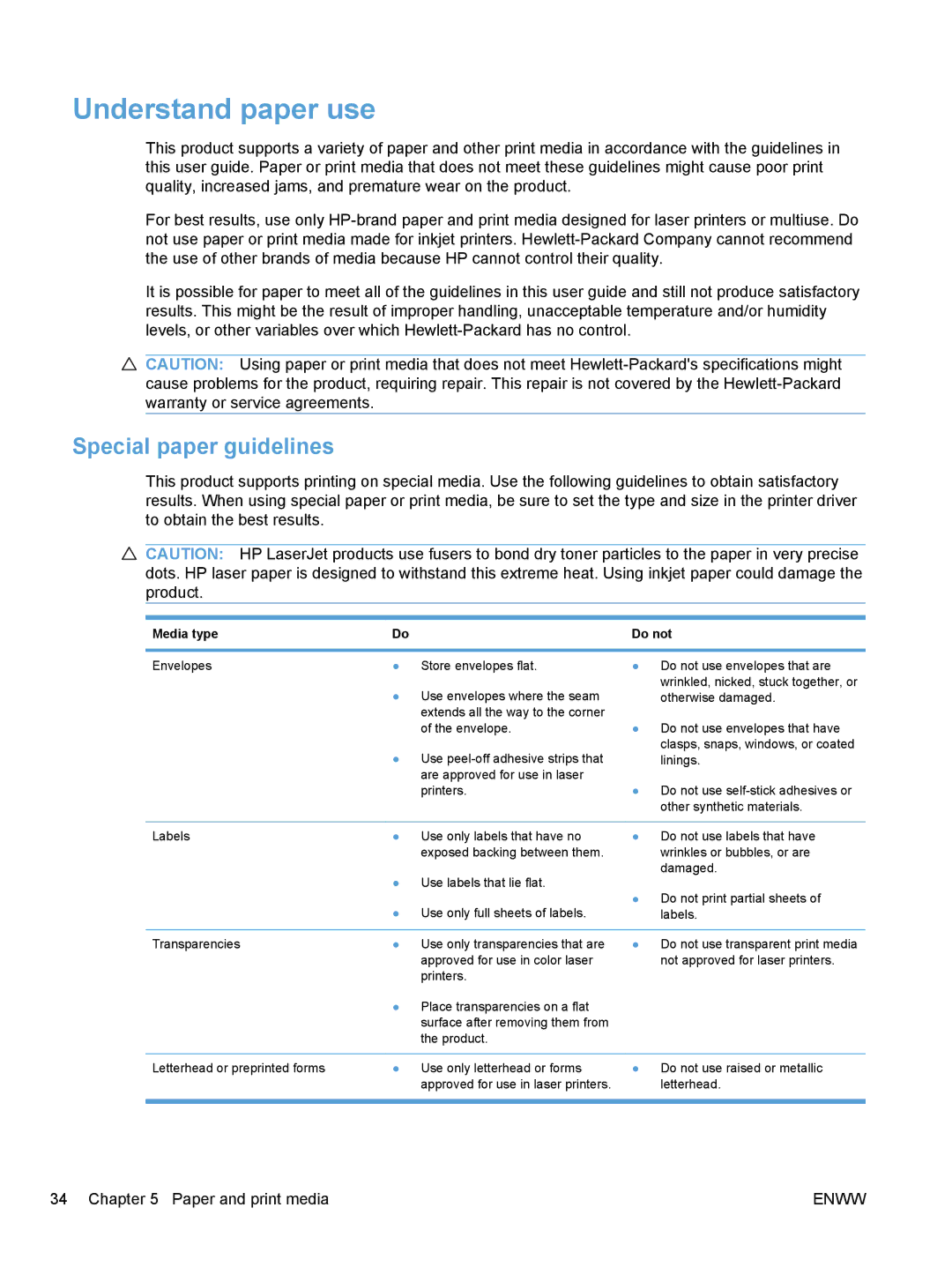 HP CP1020 manual Understand paper use, Special paper guidelines, Media type Do not 