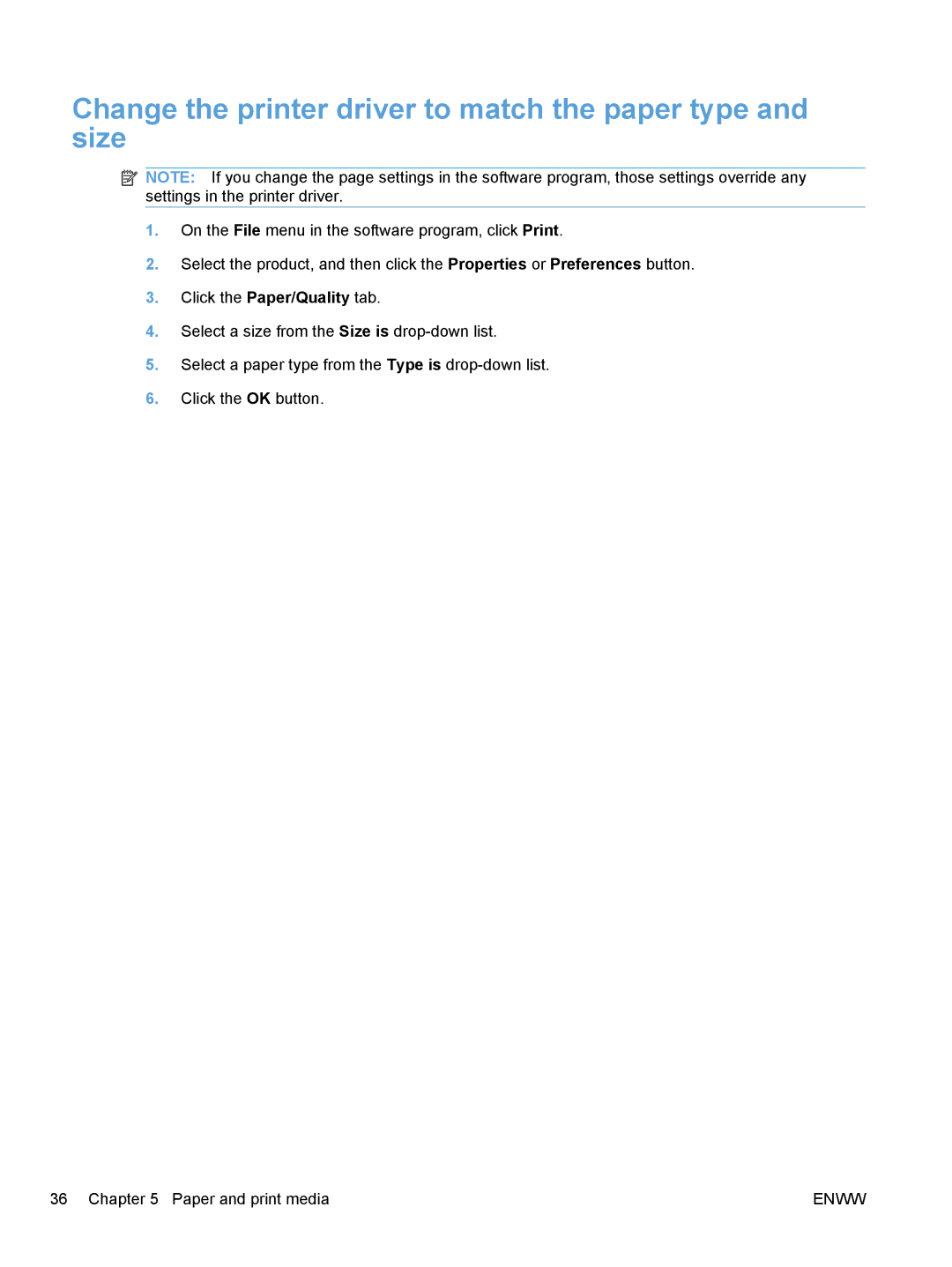 HP CP1020 manual Change the printer driver to match the paper type and size 