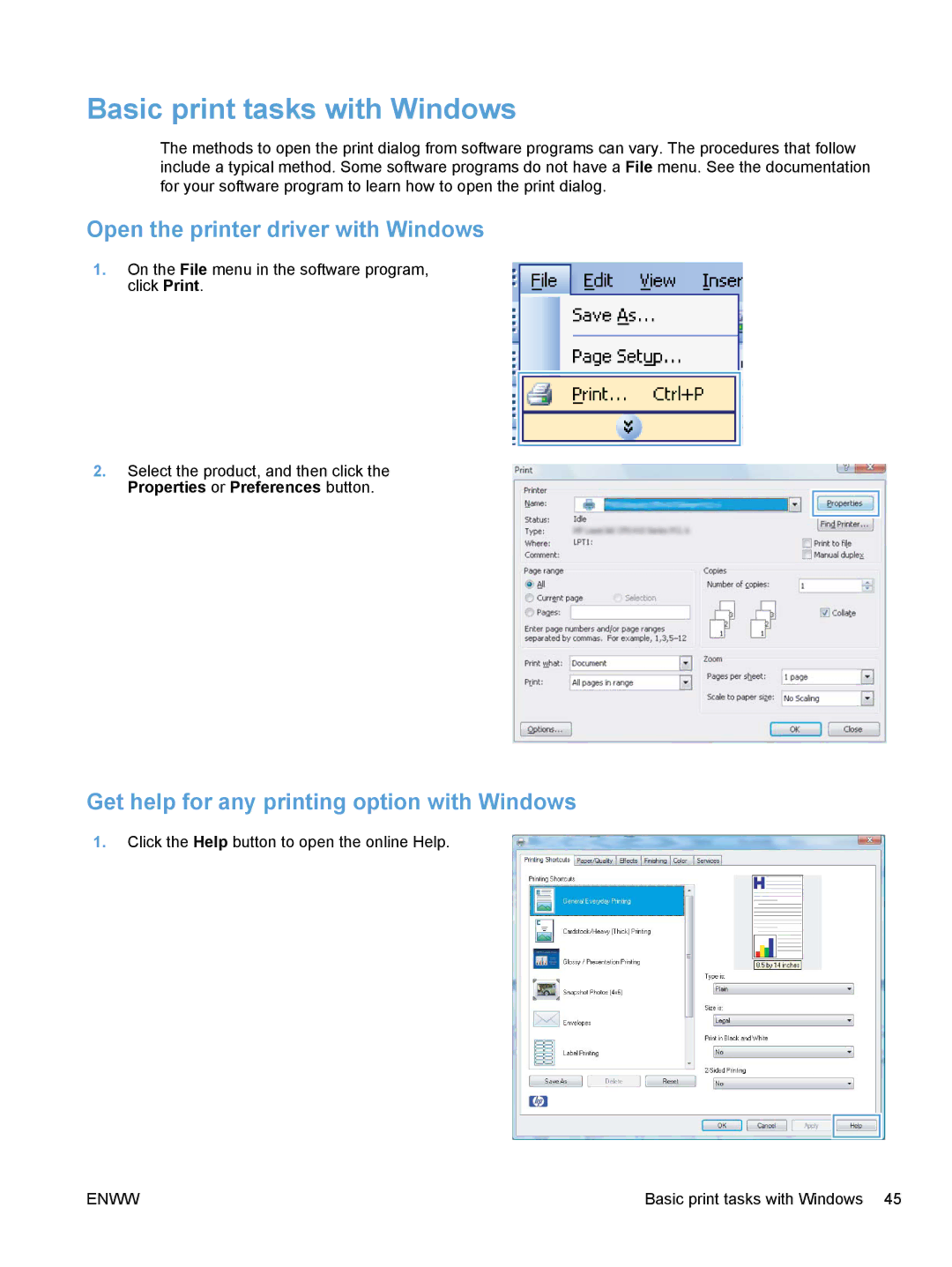 HP CP1020 manual Basic print tasks with Windows, Open the printer driver with Windows 