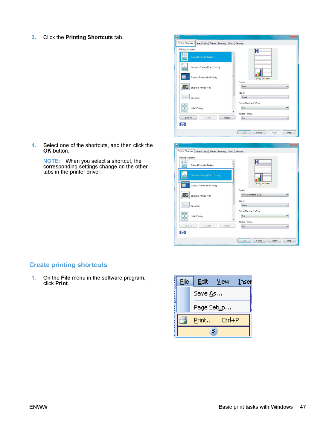 HP CP1020 manual Create printing shortcuts 