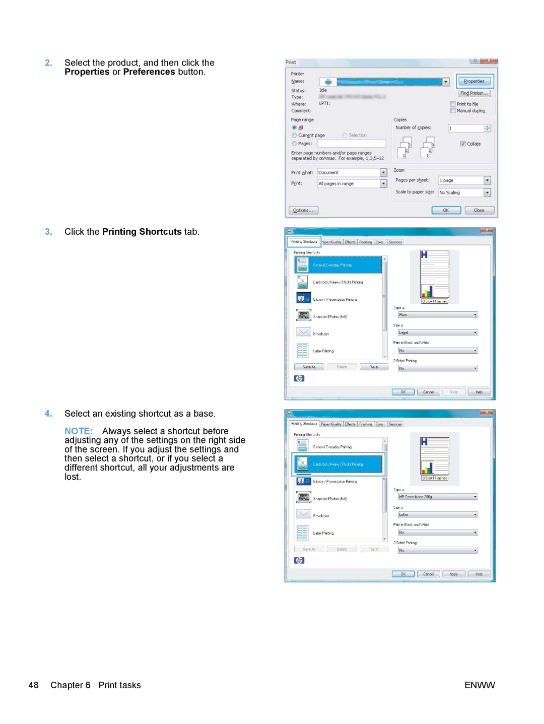 HP CP1020 manual Select an existing shortcut as a base Print tasks 