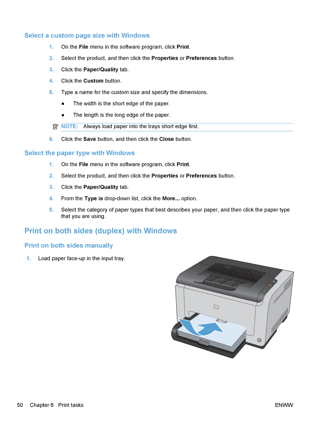 HP CP1020 Print on both sides duplex with Windows, Select a custom page size with Windows, Print on both sides manually 