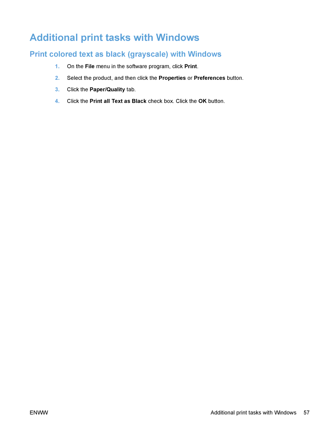 HP CP1020 manual Additional print tasks with Windows, Print colored text as black grayscale with Windows 