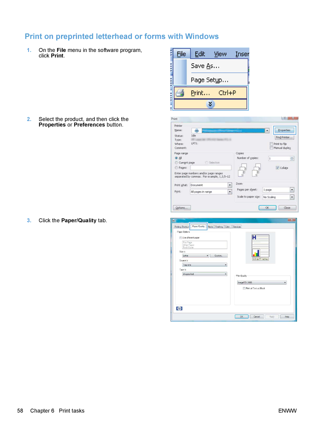 HP CP1020 manual Print on preprinted letterhead or forms with Windows 