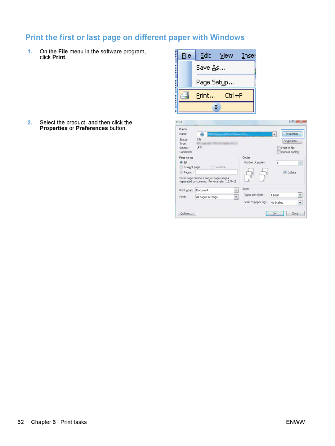 HP CP1020 manual Print the first or last page on different paper with Windows 