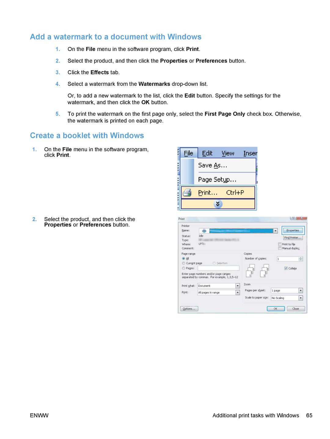 HP CP1020 manual Add a watermark to a document with Windows, Create a booklet with Windows 