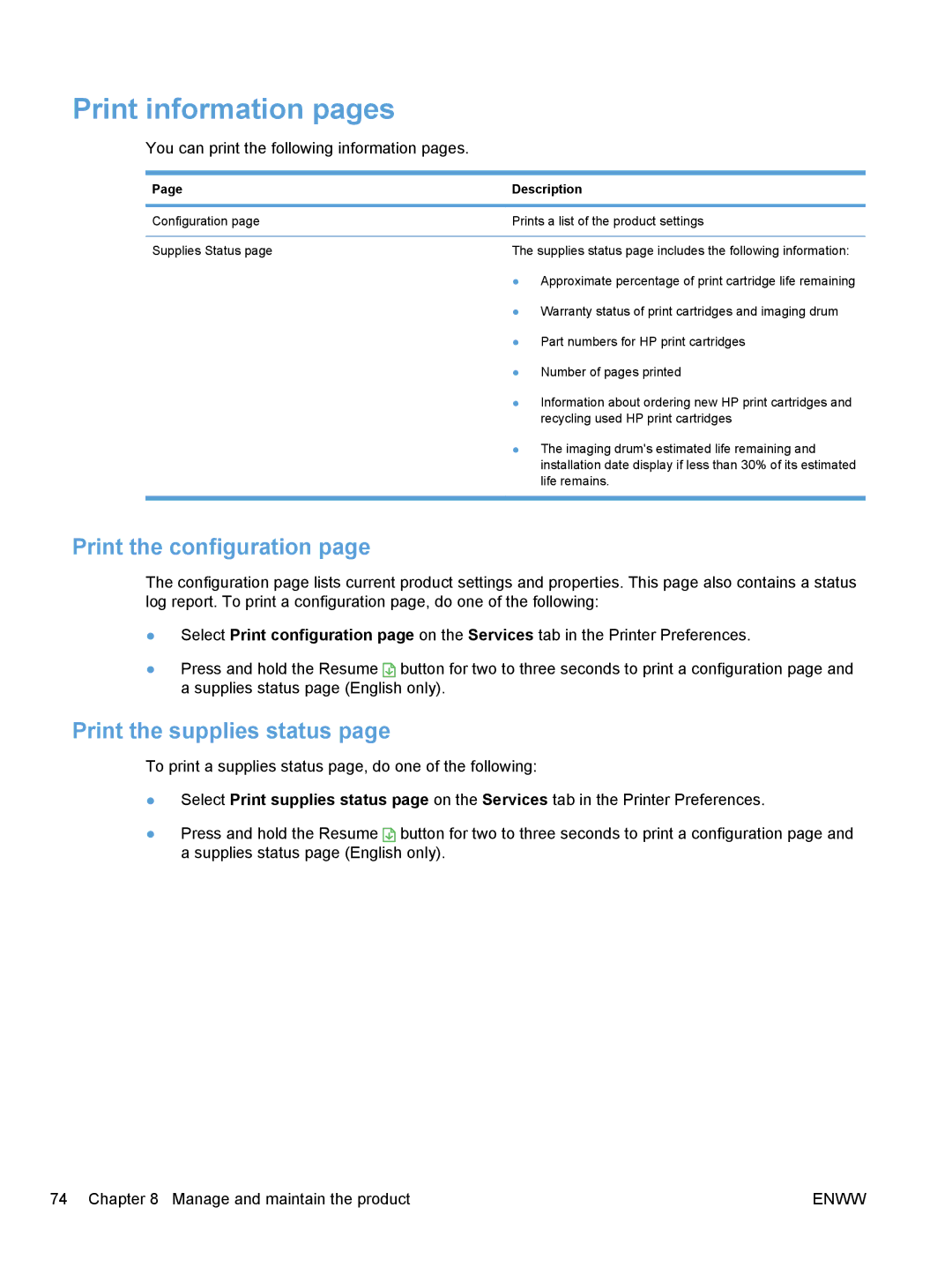 HP CP1020 manual Print information pages, Print the configuration, Print the supplies status, Description 