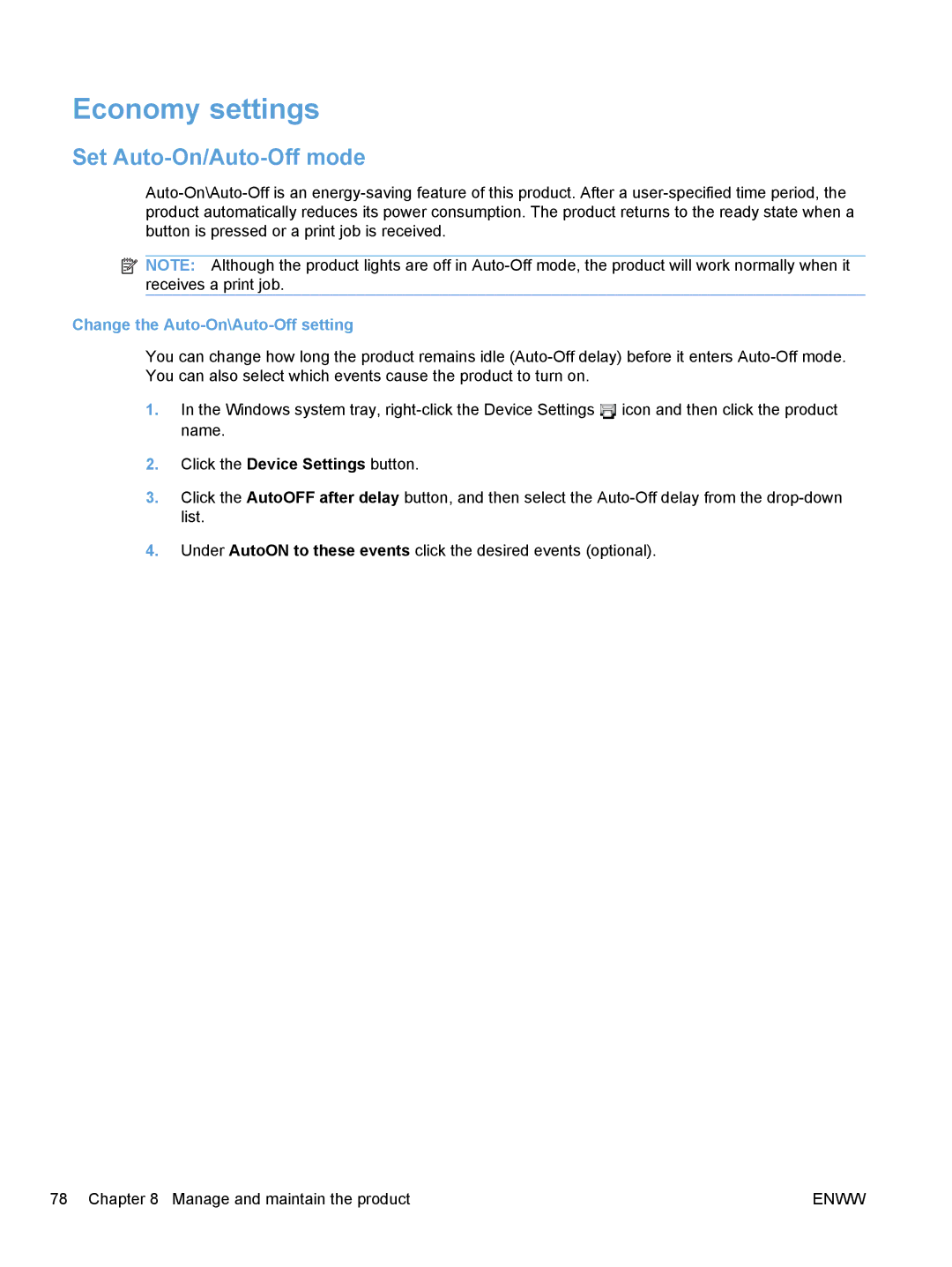 HP CP1020 manual Economy settings, Set Auto-On/Auto-Off mode, Change the Auto-On\Auto-Off setting 