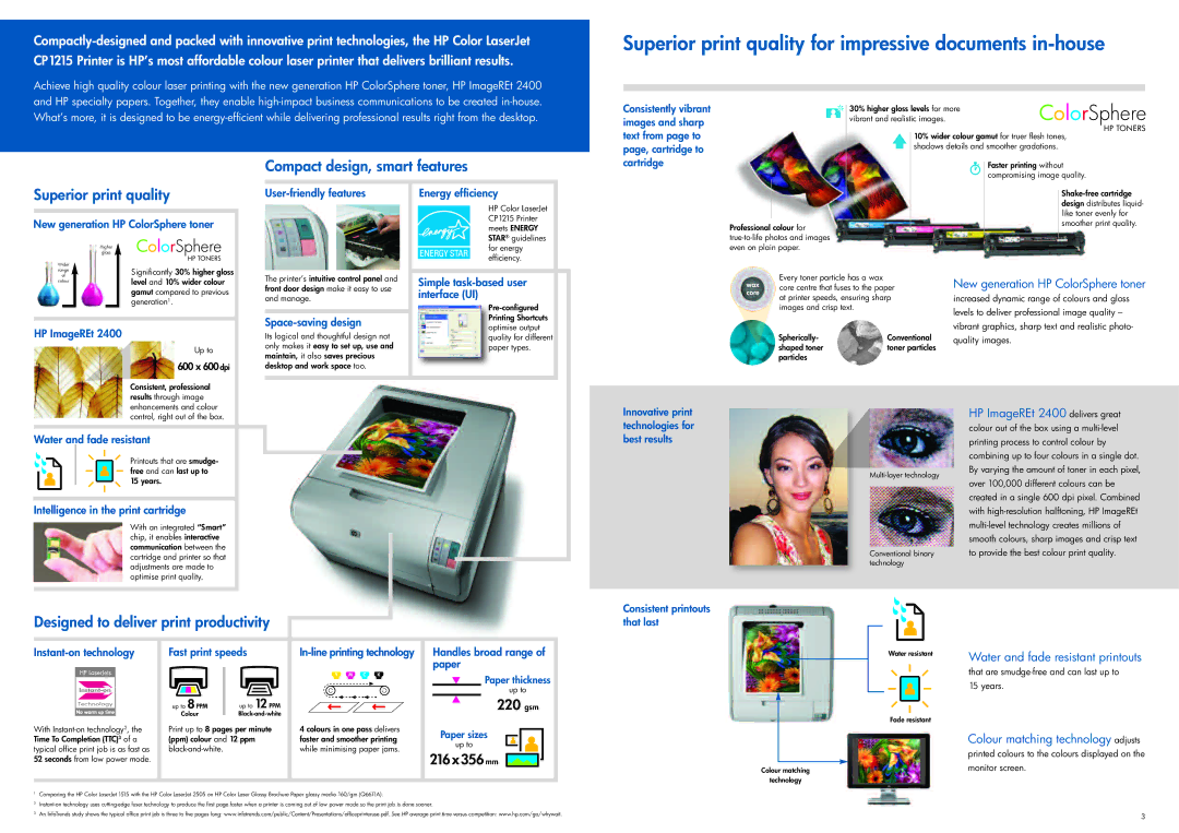 HP CP1215, CC376A manual Superior print quality for impressive documents in-house, New generation HP ColorSphere toner 