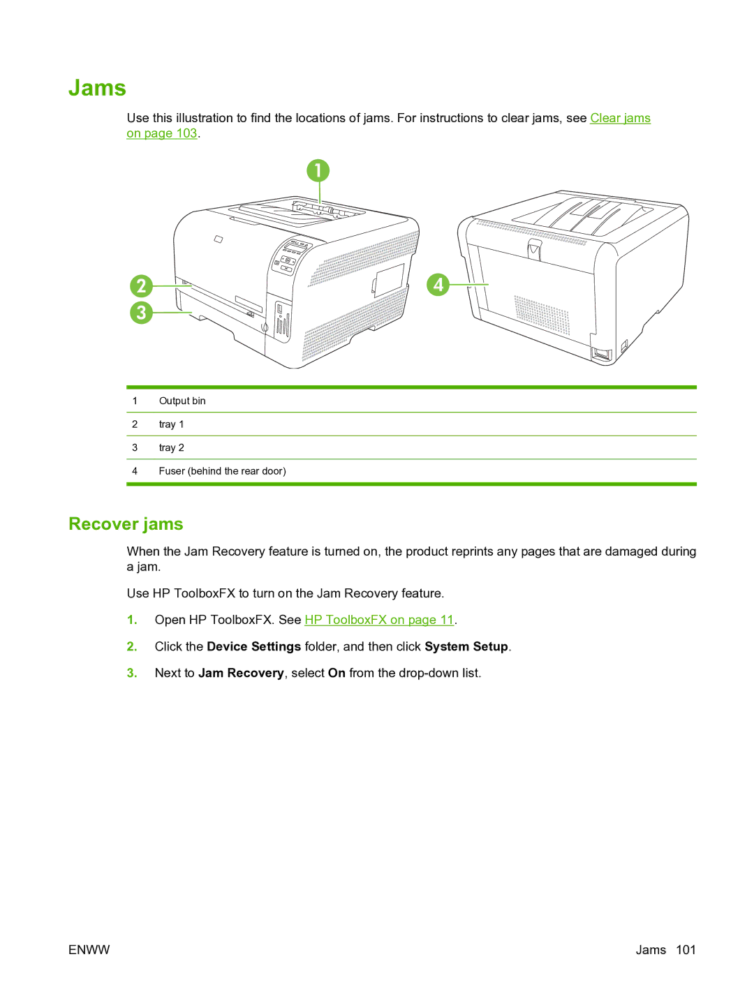 HP CP1510 manual Jams, Recover jams 