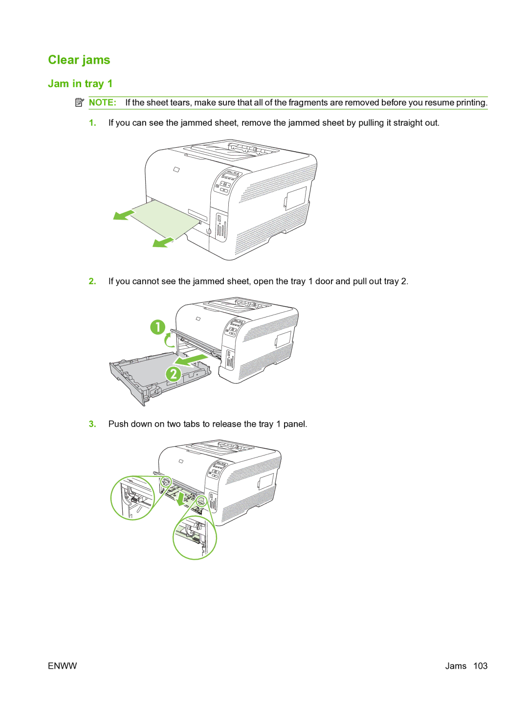 HP CP1510 manual Clear jams, Jam in tray 