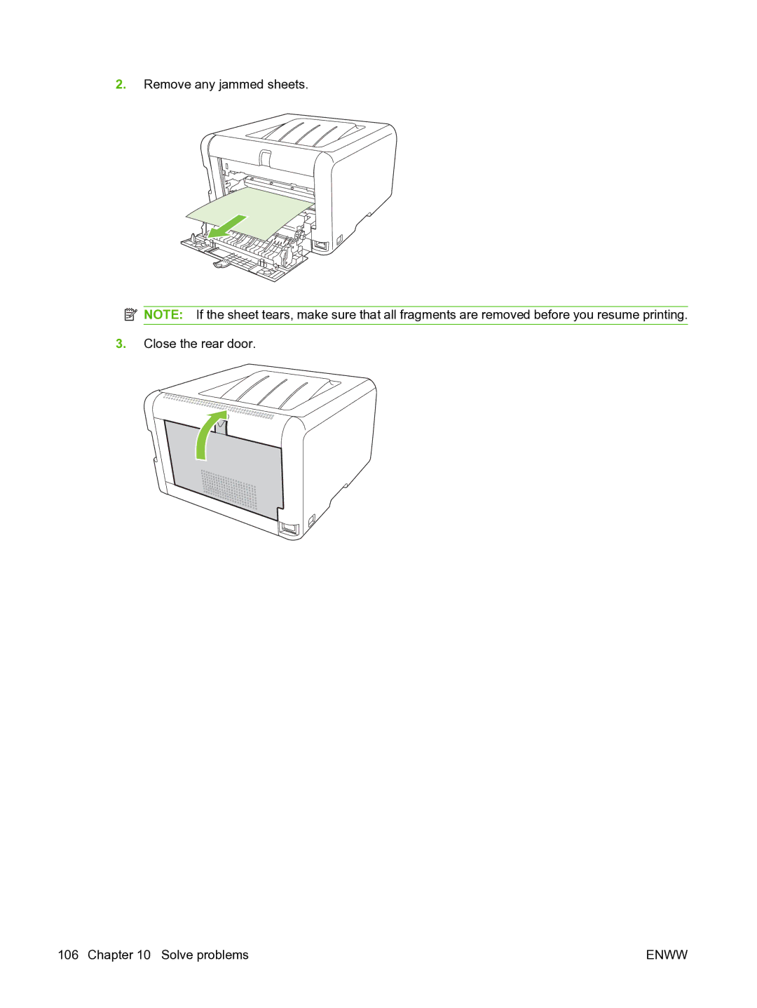 HP CP1510 manual Remove any jammed sheets Close the rear door Solve problems 