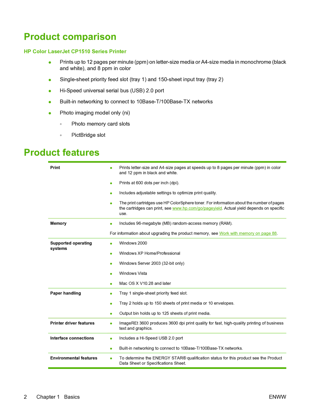 HP manual Product comparison, Product features, HP Color LaserJet CP1510 Series Printer 