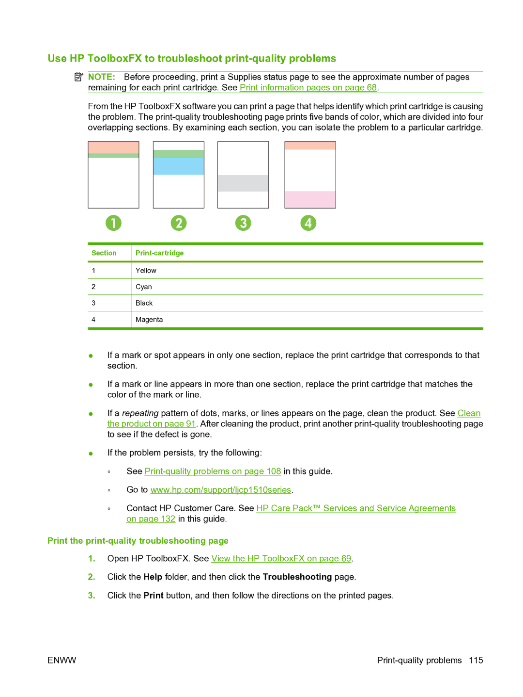 HP CP1510 manual Use HP ToolboxFX to troubleshoot print-quality problems, Print the print-quality troubleshooting 