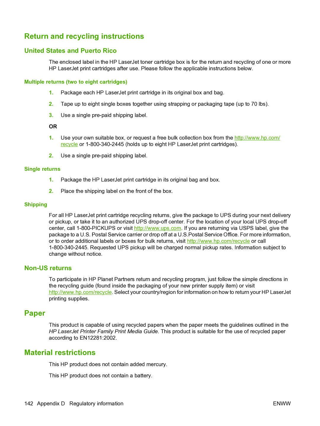 HP CP1510 Return and recycling instructions, Paper, Material restrictions, United States and Puerto Rico, Non-US returns 