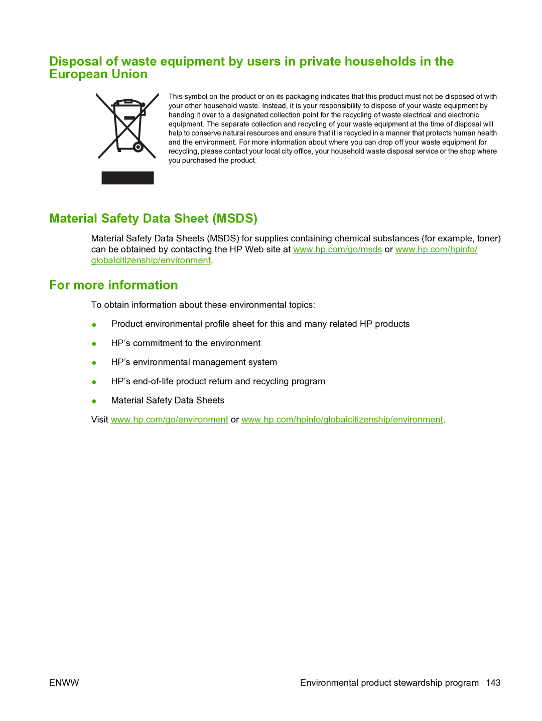 HP CP1510 manual Material Safety Data Sheet Msds For more information 