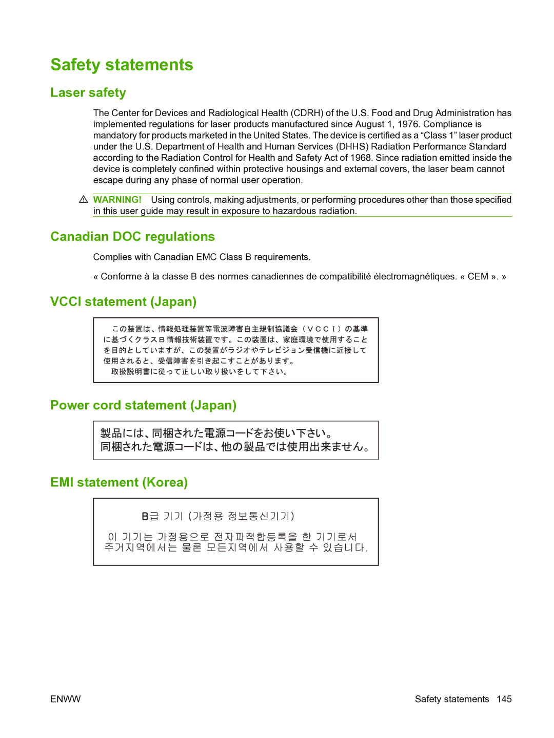 HP CP1510 manual Safety statements, Laser safety, Canadian DOC regulations 