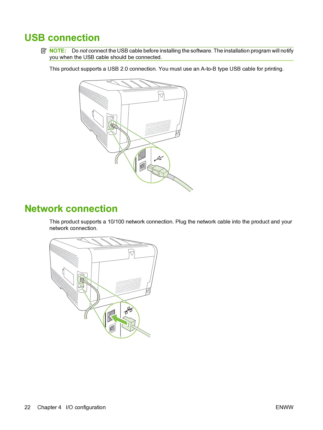 HP CP1510 manual USB connection, Network connection 