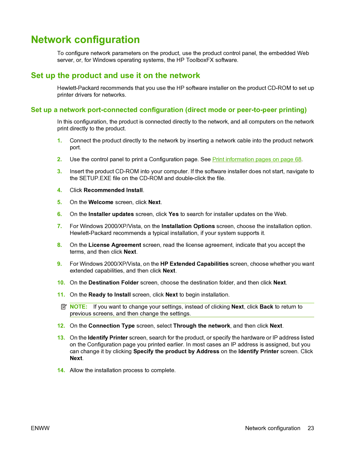 HP CP1510 manual Network configuration, Set up the product and use it on the network 