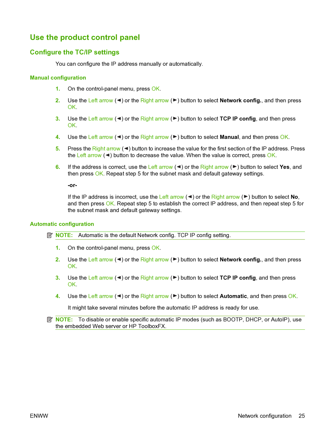 HP CP1510 manual Use the product control panel, Configure the TC/IP settings, Manual configuration, Automatic configuration 