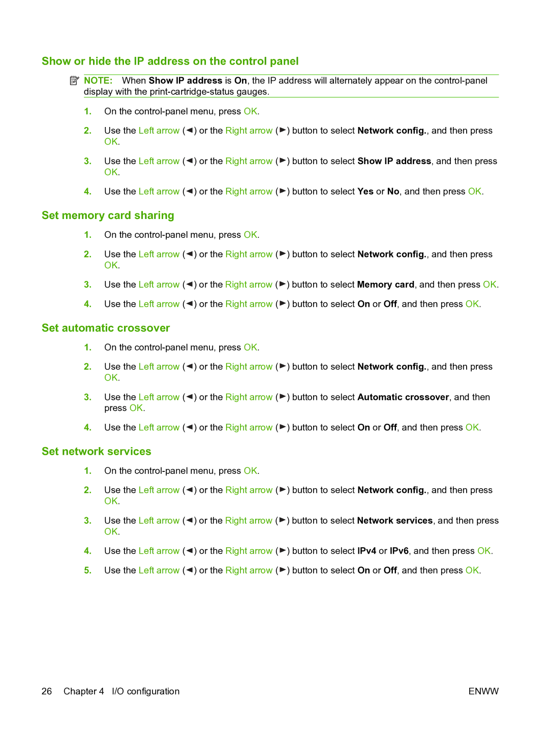 HP CP1510 manual Show or hide the IP address on the control panel, Set memory card sharing, Set automatic crossover 