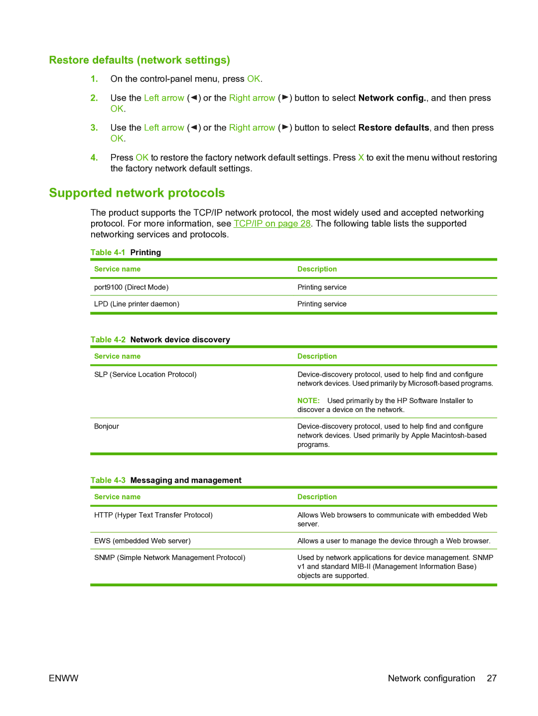 HP CP1510 manual Supported network protocols, Restore defaults network settings, Service name Description 