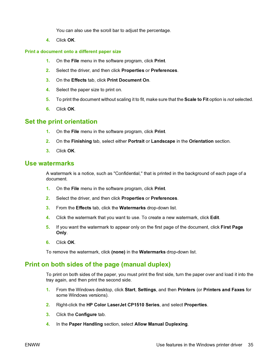 HP CP1510 Set the print orientation, Use watermarks, Print on both sides of the page manual duplex 