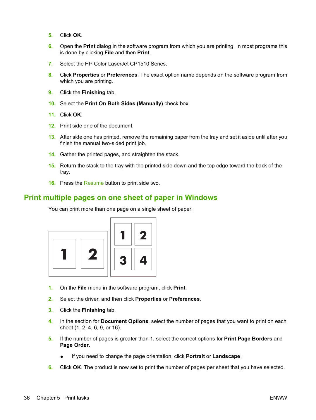 HP CP1510 manual Print multiple pages on one sheet of paper in Windows, Select the Print On Both Sides Manually check box 