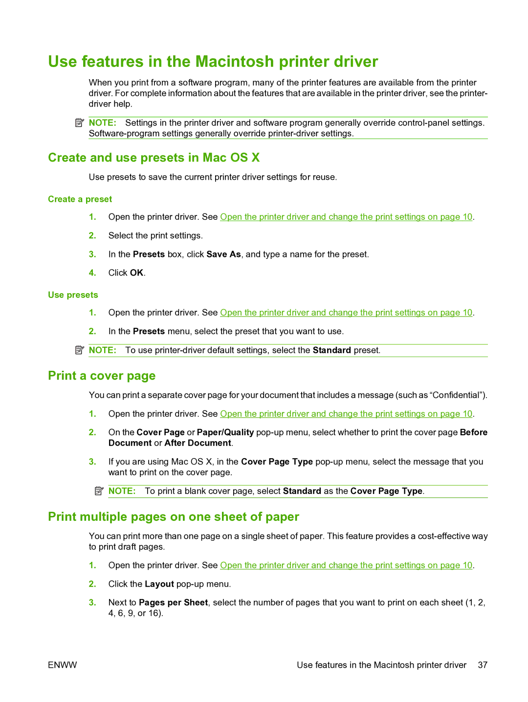 HP CP1510 manual Use features in the Macintosh printer driver, Create and use presets in Mac OS, Print a cover 