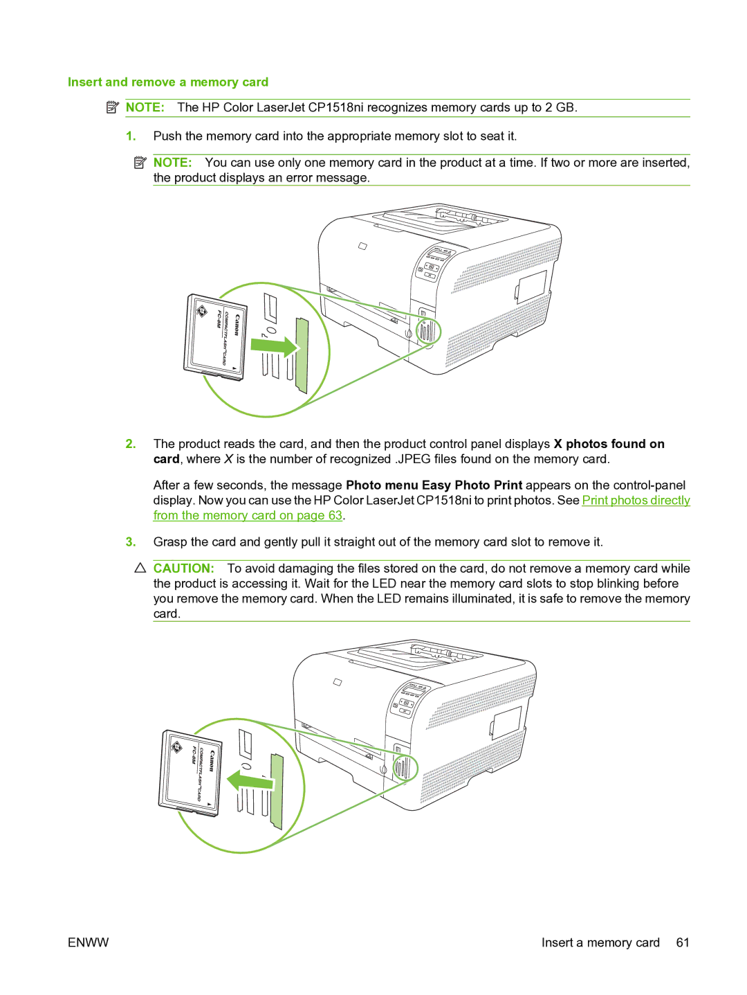 HP CP1510 manual Insert and remove a memory card 