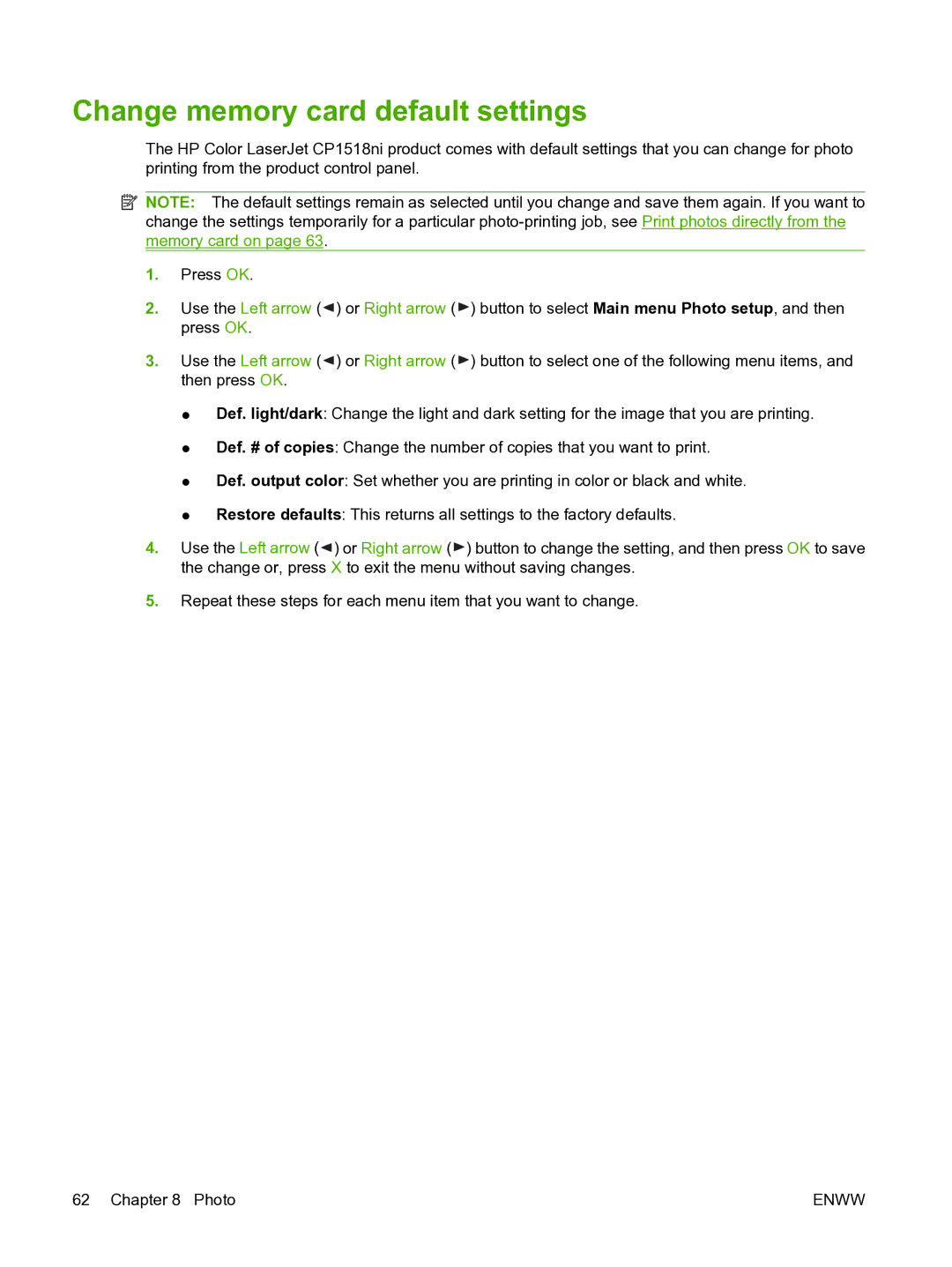 HP CP1510 manual Change memory card default settings 