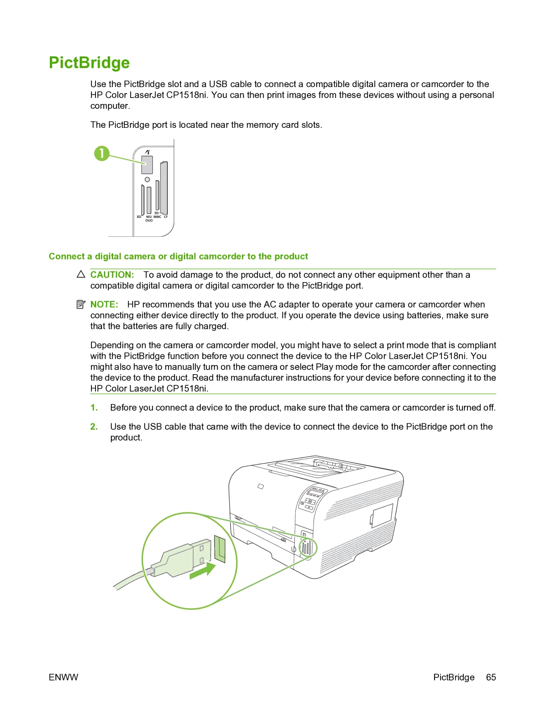 HP CP1510 manual PictBridge, Connect a digital camera or digital camcorder to the product 