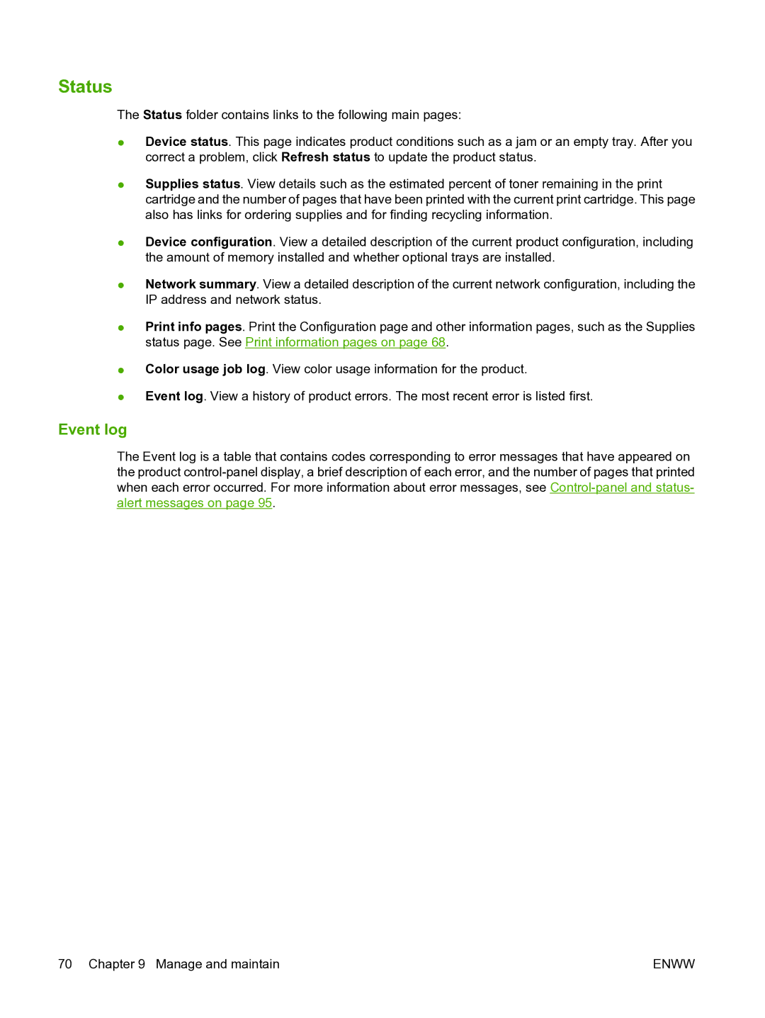 HP CP1510 manual Status, Event log 