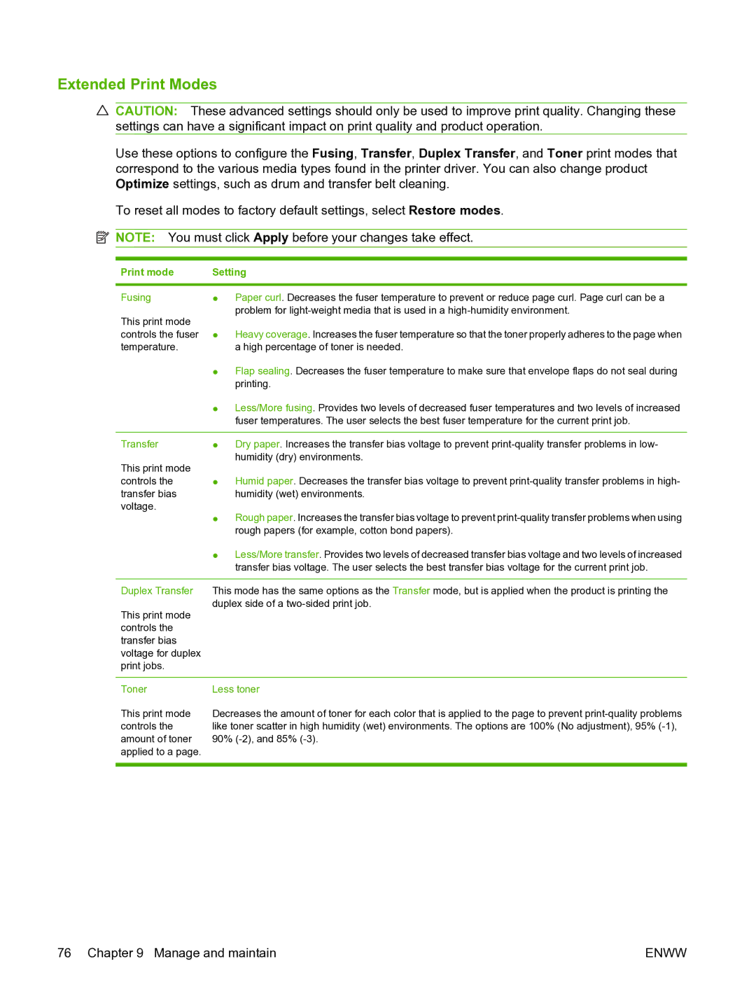 HP CP1510 manual Extended Print Modes, Print mode Setting 