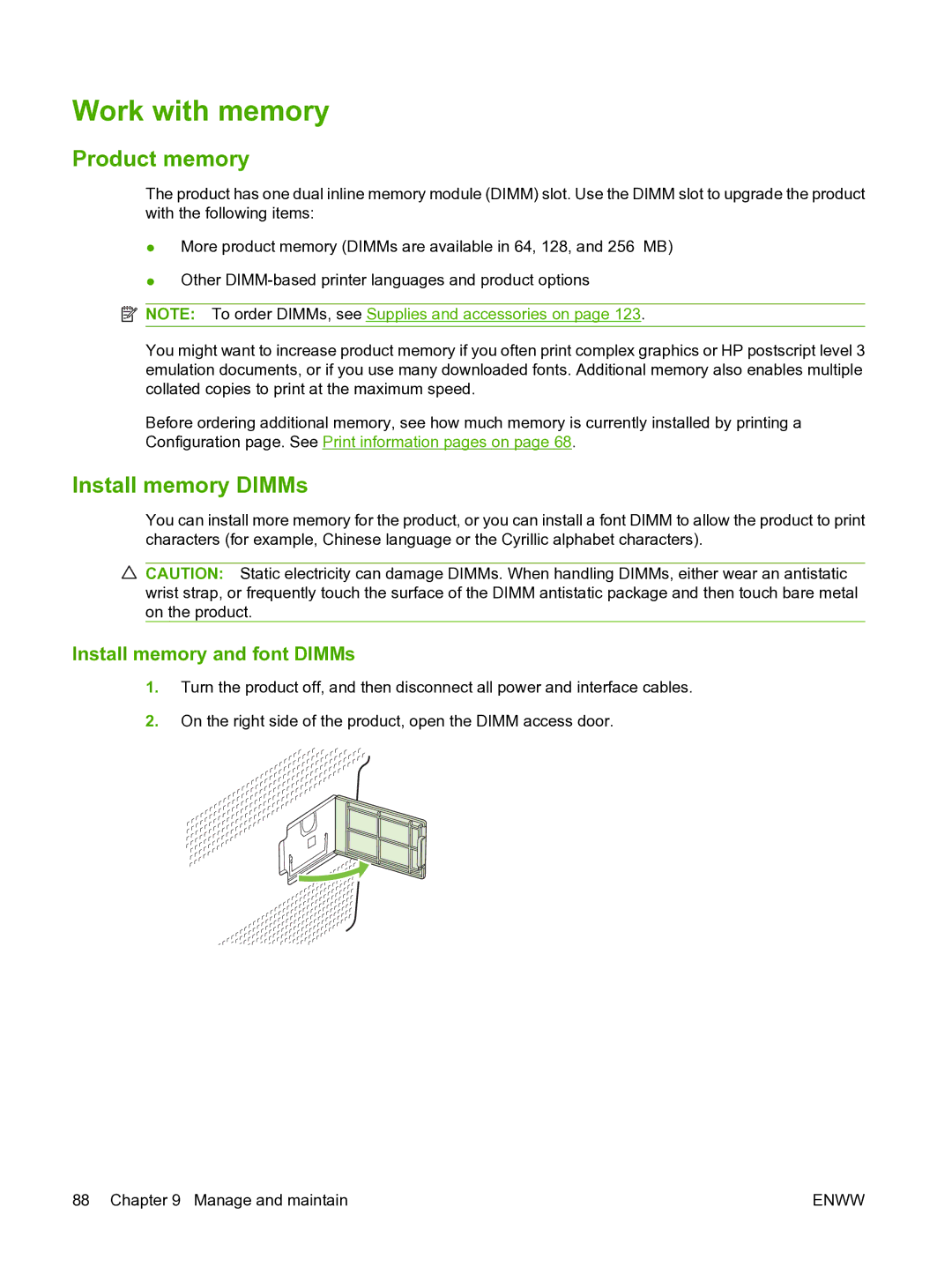 HP CP1510 manual Work with memory, Product memory, Install memory DIMMs, Install memory and font DIMMs 