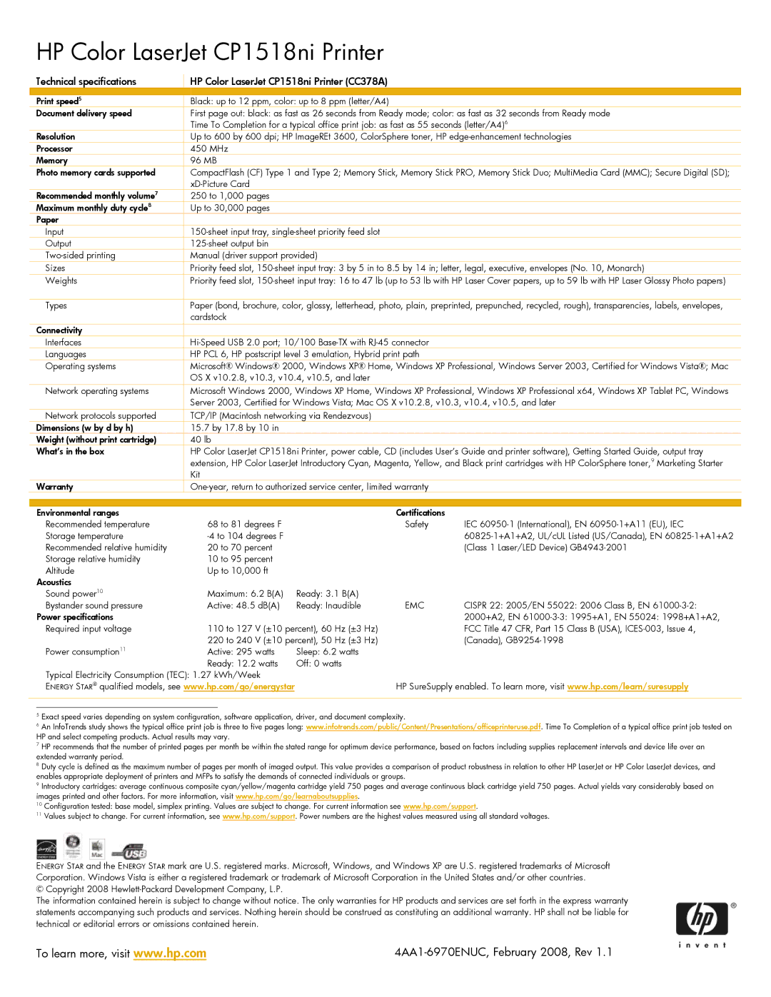 HP manual Technical specifications, HP Color LaserJet CP1518ni Printer CC378A 