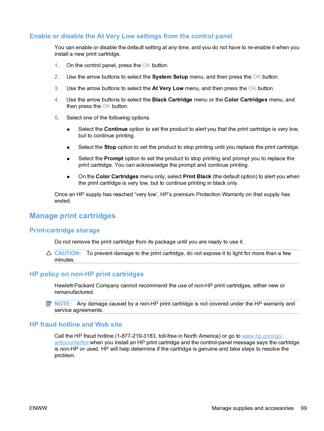 HP CP1520 manual Manage print cartridges, Print-cartridge storage, HP policy on non-HP print cartridges 