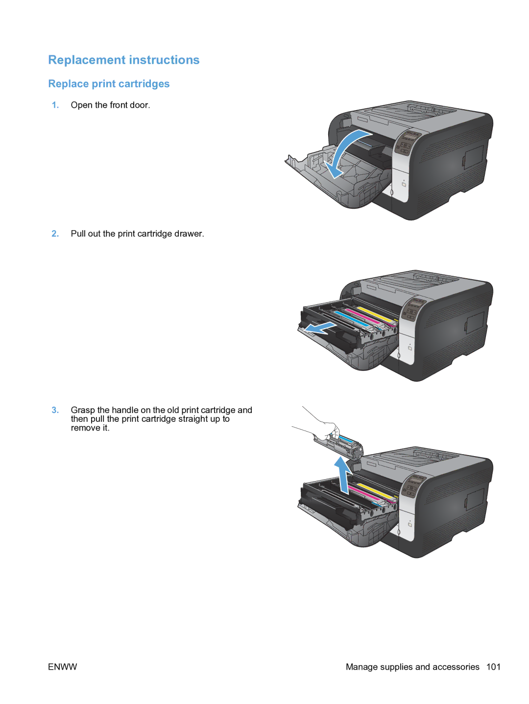 HP CP1520 manual Replacement instructions, Replace print cartridges 