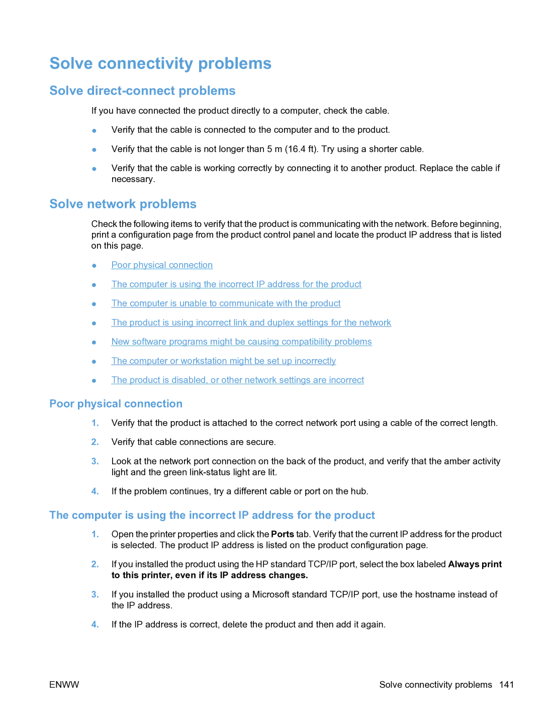 HP CP1520 Solve connectivity problems, Solve direct-connect problems, Solve network problems, Poor physical connection 