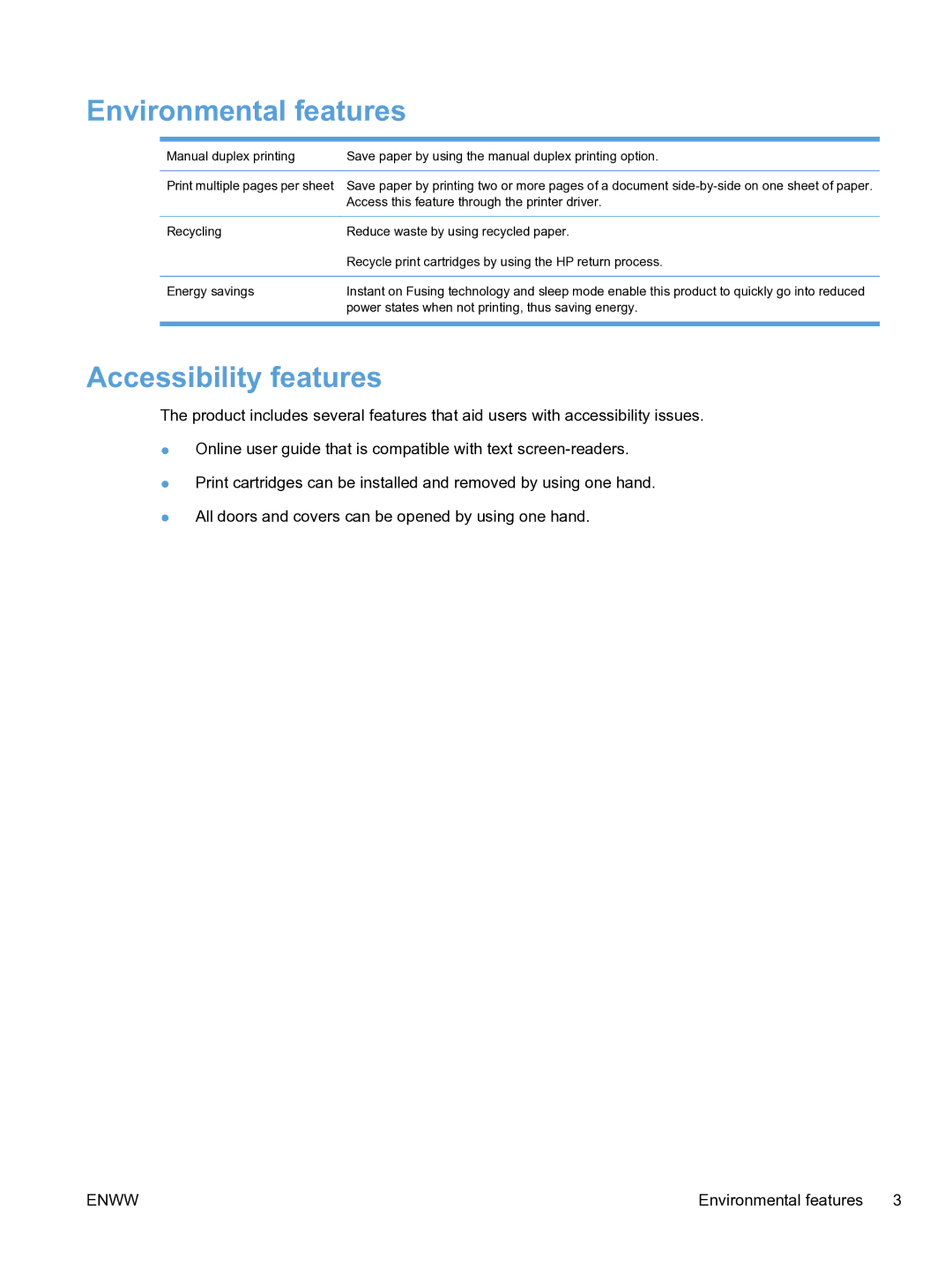 HP CP1520 manual Environmental features, Accessibility features 