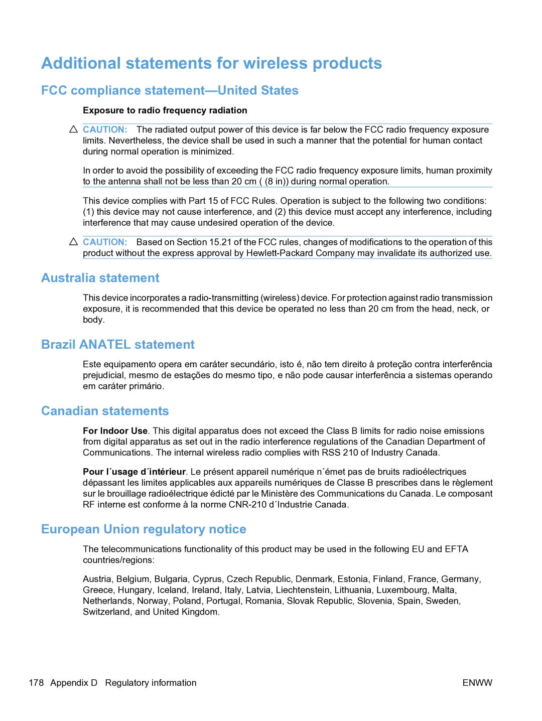 HP CP1520 manual Additional statements for wireless products 