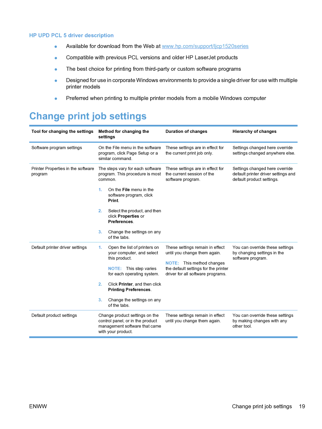 HP CP1520 manual Change print job settings, HP UPD PCL 5 driver description, Print, Click Properties or Preferences 