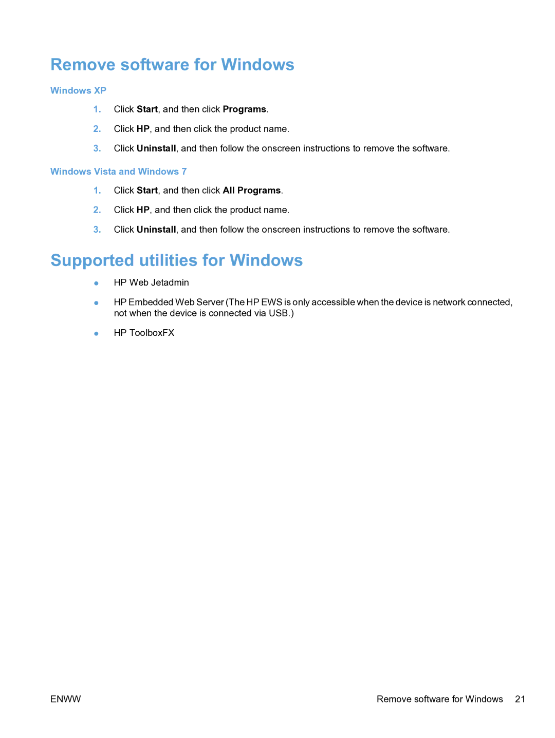 HP CP1520 manual Remove software for Windows, Supported utilities for Windows, Windows XP, Windows Vista and Windows 