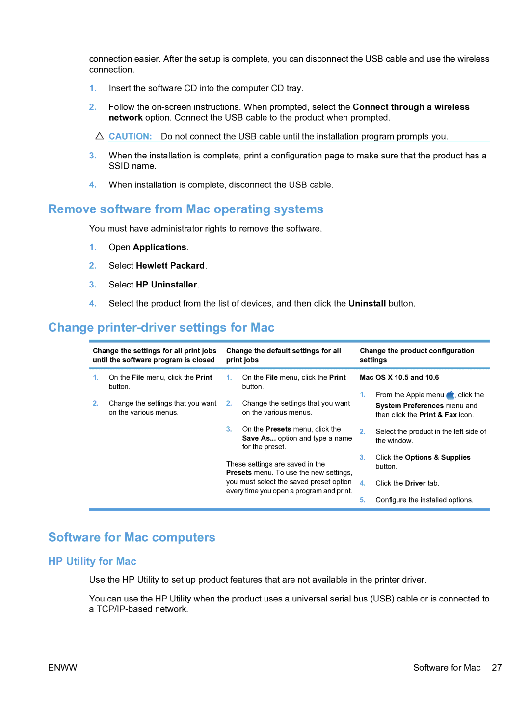 HP CP1520 Remove software from Mac operating systems, Change printer-driver settings for Mac, Software for Mac computers 