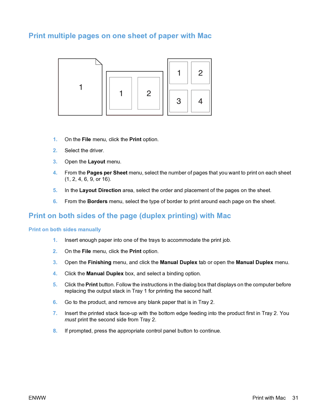 HP CP1520 Print multiple pages on one sheet of paper with Mac, Print on both sides of the page duplex printing with Mac 